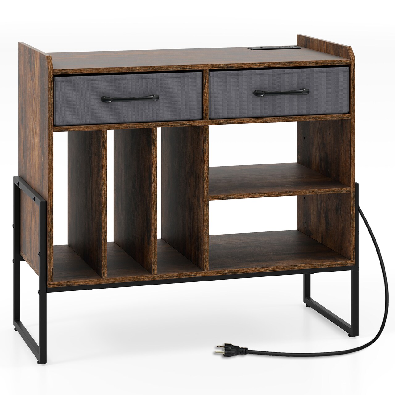 Brown Mid-Century Modern Record Player Stand with Charging and Storage